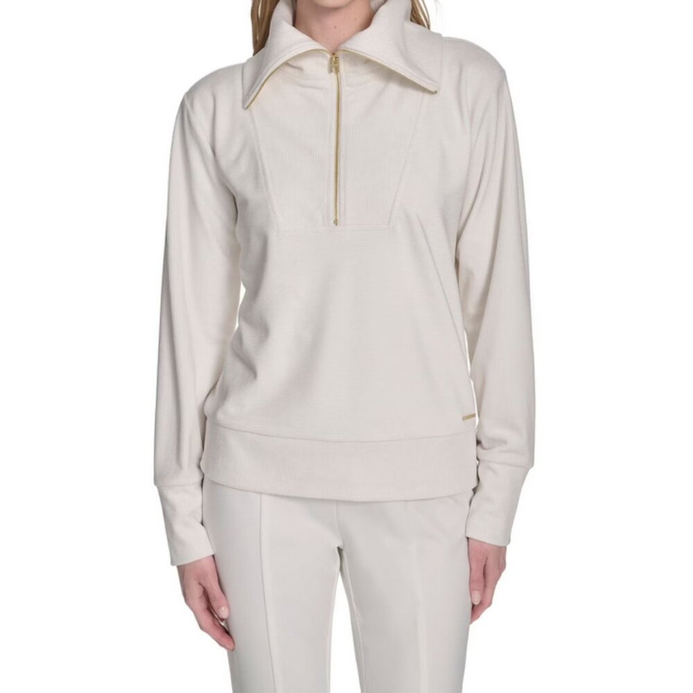 Halston Women’s Velour Quarter-Zip Pullover Size SMALL –Cream–Soft Luxe Lounge